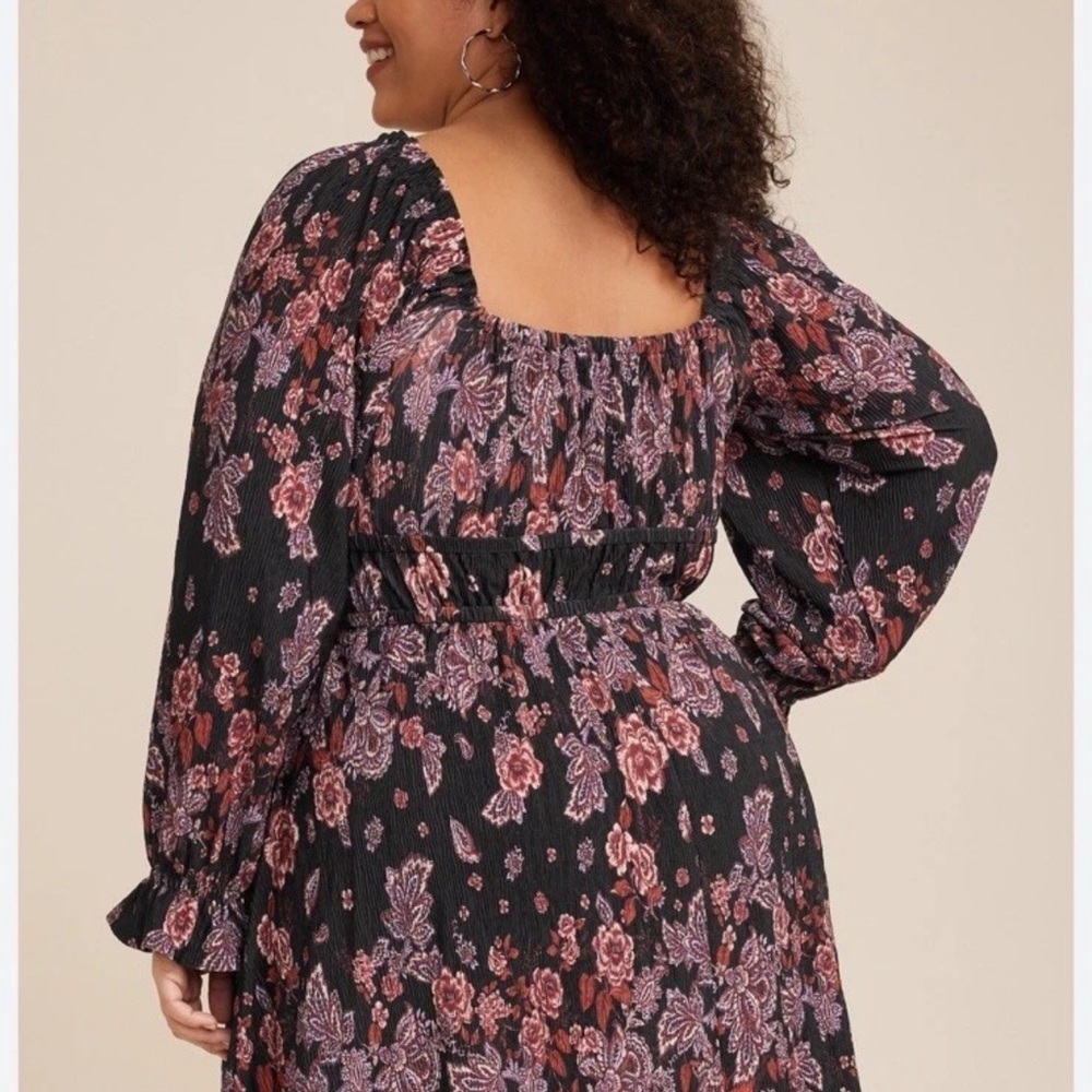 Maurices Plisse Black Floral Sweetheart Babydoll Mini Dress 3X Long Sleeve Boho